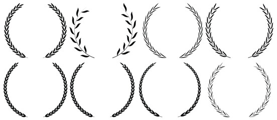 Set of circular laurel wreath. Emblem floral Greek branch of oak leaves, eucalyptus leaf, Wheat, winner award, champion medal, swirls, twigs and flower ornaments vector.