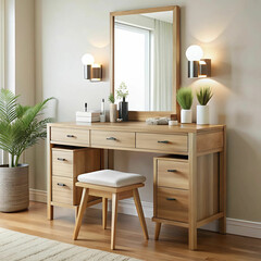 A modern bedroom setup featuring wooden furniture, including a sleek vanity
