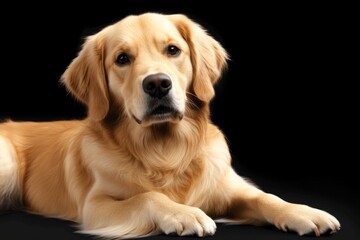 Portrait golden retriever dog lying down black background a transparent