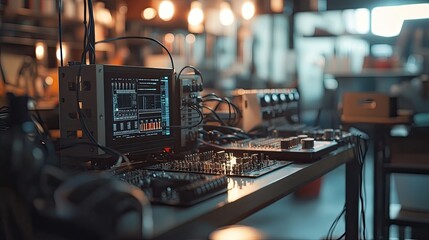 Close-up of a complex electronic setup with numerous wires and devices, showcasing a monitor displaying intricate data. The dimly lit workspace suggests a technological or engineering environment.