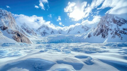 Obraz premium A frozen landscape dominated by a cracked glacier, surrounded by rugged mountain peaks.