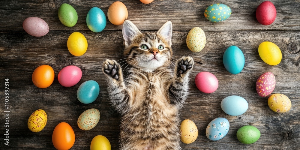 Poster easter bunny cat surrounded by vibrant easter colored eggs on a rustic wooden background in a flat l