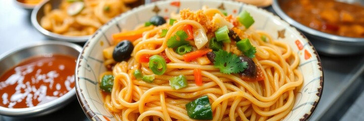 Close up of delicious yakisoba noodles stir-fried with vegetables, a popular Japanese street food, noodles, dry noodle