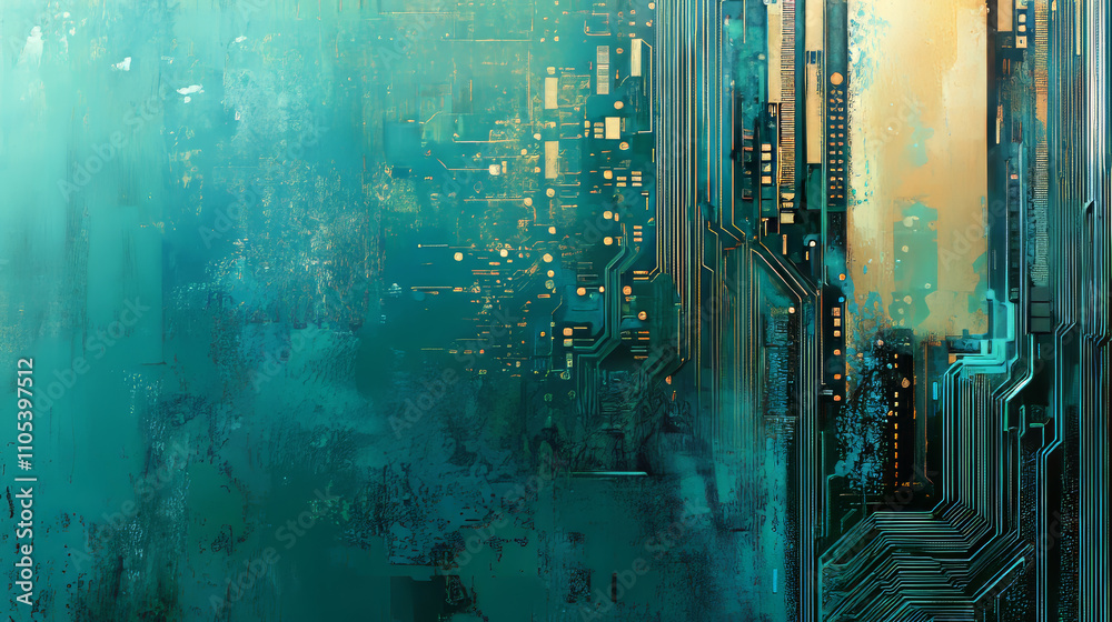 Poster ai semiconductor or chip with thin line circuit on technology background. blue green tech bg. digita