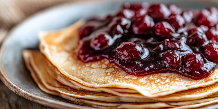 Closeup of thin pancakes featuring delicious dark cherry jam filling, highlighting the rich texture and appetizing appearance of thin pancakes with dark cherry jam.