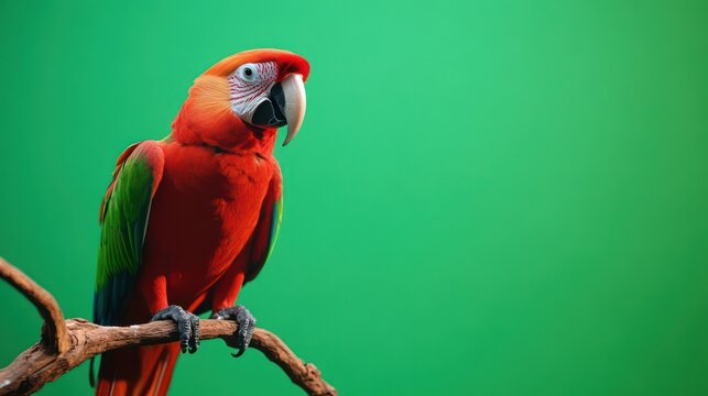 A vibrant parrot perched on a branch, with a green screen background ready for engaging visuals