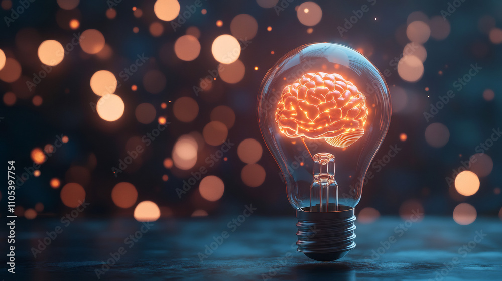 Poster light bulb containing glowing brain representing ideas, innovation, and creativity, against a dark b