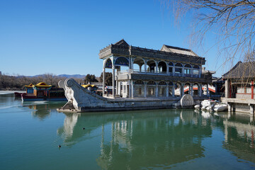 Fototapeta premium Stone Boat Architecture Landscape of Summer Palace in Beijing.