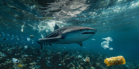 Fototapeta premium Plastic pollution in the ocean poses a significant threat, as the whale shark filter feeds in the contaminated waters, inadvertently ingesting plastic debris while searching for nourishment.