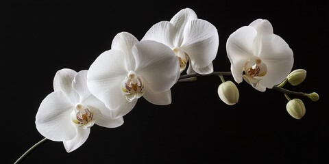 Elegant white orchid blossoms gracefully displayed on a striking black background, highlighting the intricate details of the white orchid and emphasizing its beauty and charm.