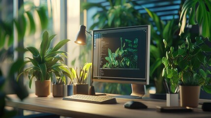 A modern workspace filled with lush greenery. A computer screen displays code, suggesting a creative or tech-focused environment.