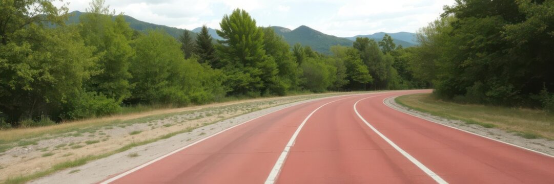A running track surrounded by lush green trees and mountains in the background, outdoors