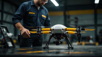 Drone Assembly in Progress Engineer Attaching Propellers in a High-Tech Workshop