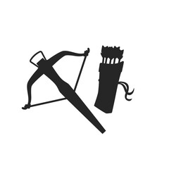 Obraz premium Crossbow and quiver icon. Isolated black symbol of medieval weapon. Hunter equipment. Arbalest simple art. Archery festival logo