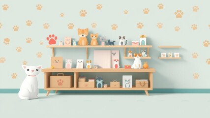 Colorful illustration of cats and paw prints pattern with white circle for text, ideal for greeting cards, pet store advertising, and packaging design, packaging, printing