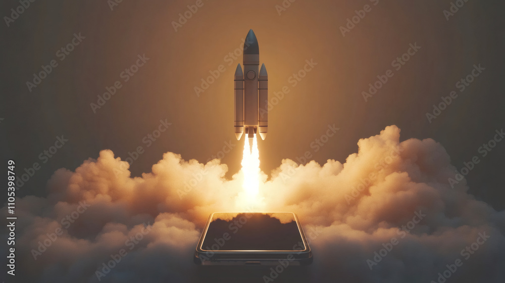 Leinwandbilder smartphone screen displaying a rocket launch with smoke and fire, symbolizing a mobile app startup o
