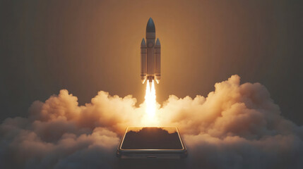 Smartphone screen displaying a rocket launch with smoke and fire, symbolizing a mobile app startup or new technology