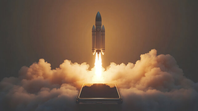 Smartphone screen displaying a rocket launch with smoke and fire, symbolizing a mobile app startup or new technology