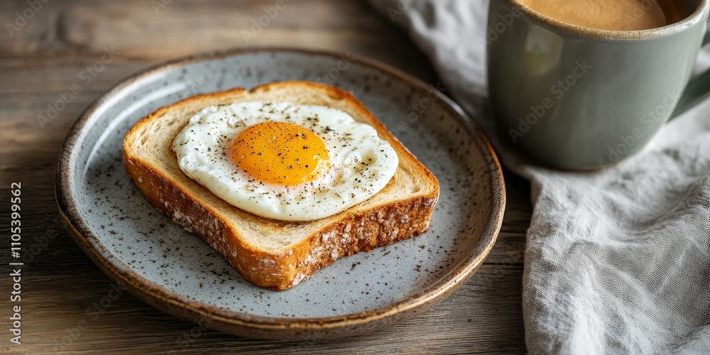 Poster Toaster bread topped with a half boiled egg is beautifully presented on a plate alongside a cup of coffee. This toaster bread creation adds a cozy touch to any setting with ample copy space.