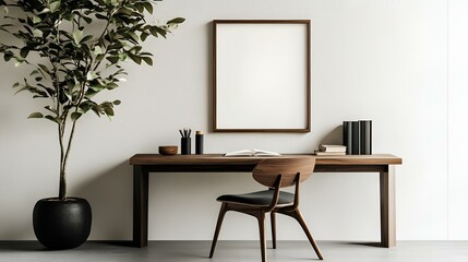 Home office with a wooden chair and desk near a white wall, featuring a blank mockup poster frame for personalization. Modern living room design with a minimalist touch