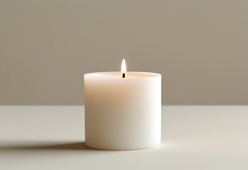 A lit candle stands alone on a smooth surface against a neutral background