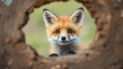 Cute fox peeking out of hole on pastel background in center of frame, hole, cheerful