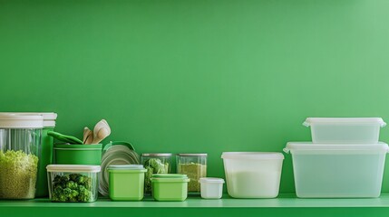A zero-waste food preparation scene with reusable containers, with a bold green background symbolizing sustainability