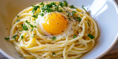 Delicious spaghetti carbonara featuring rich egg yolk and fresh parsley, creating a vibrant dish of spaghetti carbonara that is sure to please any pasta lover with its creamy texture.