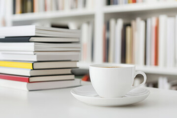 Fototapeta premium cozy workspace with coffee cup and books on white table