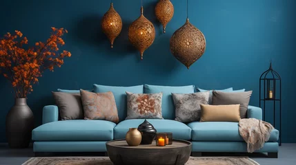 Peel and stick wall murals Boho chic living room with ethnic wall decor on a vibrant blue wall, offering a cozy and eclectic modern interior design.
