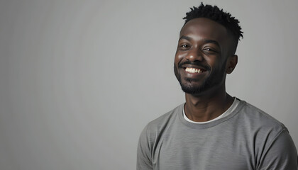 Obraz premium Smiling young African man in a casual grey sweatshirt with a neutral background 