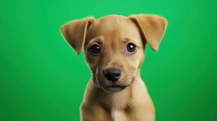 An adorable puppy looking curious, with a green screen background ready for heartwarming visuals