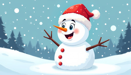 Fototapeta premium Happy snowman with a red hat and carrot nose, standing in a snowy landscape with falling snowflakes