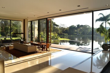 Fototapeta premium Elegant kitchen and dining with panoramic garden and pool views