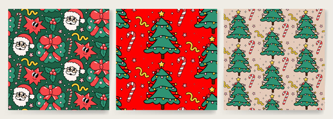 Set of Holiday Xmas seamless pattern with Christmas Tree, toys, Santa Claus in trendy groovy style in red, green, colors. Christmas vector design for season greeting card, banner, poster, print