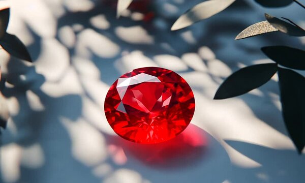 A macro shot of a red ruby gemstone, showing intricate facets and reflections capturing the light.