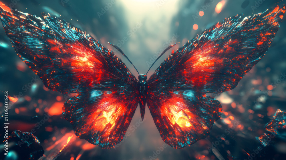 Poster radiant butterfly dances through a magical woodland, adorned with shimmering hues and bringing a pop