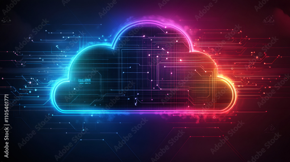 Aufkleber Glowing cloud symbol represents cloud computing, showcasing interconnected digital circuits and data flow in cyberspace
