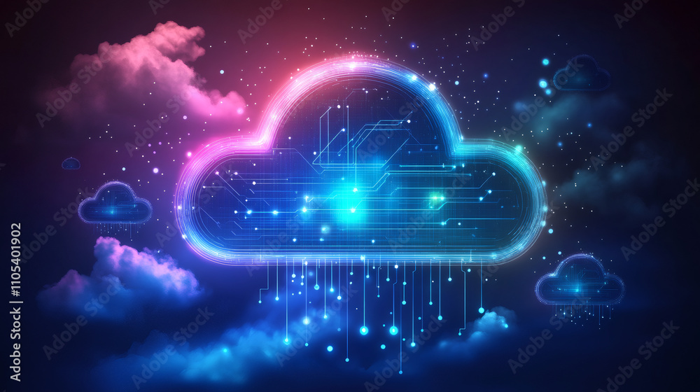 Aufkleber Cloud computing electronic circuit transferring data and storing information with futuristic digital lines and colorful lights