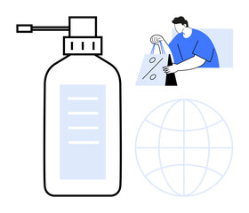 Hand sanitizer bottle, shopper holding bags, globe outline. Ideal for health, hygiene, shopping, e-commerce, global trade safety pandemic awareness. Line metaphor