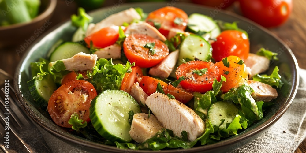 Poster delight in a fresh chicken salad featuring tomatoes and cucumber, where the chicken salad complement