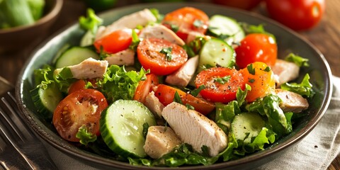 Delight in a fresh chicken salad featuring tomatoes and cucumber, where the chicken salad complements the vibrant tomatoes and crisp cucumber for a deliciously healthy meal option.