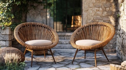Stylish rattan lounge chairs with white cushions on rustic stone patio. Mediterranean outdoor setting with classic stone walls and natural light. Perfect for luxury villa and resort lifestyle content
