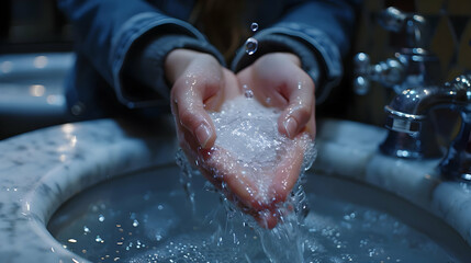 Fototapeta premium Melting Ice in Hands, Water Flowing, Closeup Illustration