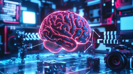 Clapperboard and brain low poly art illustration. 3d polygonal movie equipment. Filmmaking and cinematography concept with connected dots and lines. Human head vector color wireframe mesh backdrop