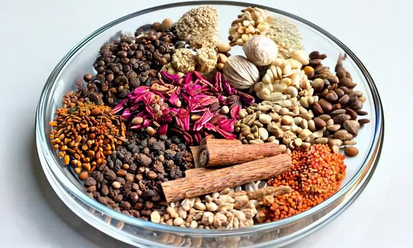 A bowl filled with various spices and herbs, showcasing colorful and aromatic ingredients.