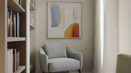 Fototapeta premium Japandi-style living room, minimalist reading nook with a gray armchair, abstract artwork on neutral walls, and a sleek built-in bookshelf