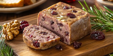 Fototapeta premium Savory meat pate features a delightful blend of liver, nuts, and dried cranberry, creating a delicious pate experience that captivates the taste buds with rich flavors and textures.