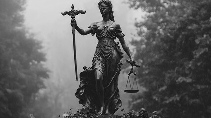 Ai generates justice sculpture in foggy park artistic content serene environment symbolism of law and order