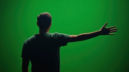 Person extending hand, looking from behind, looking up, full body photo with green screen background. Default lighting"